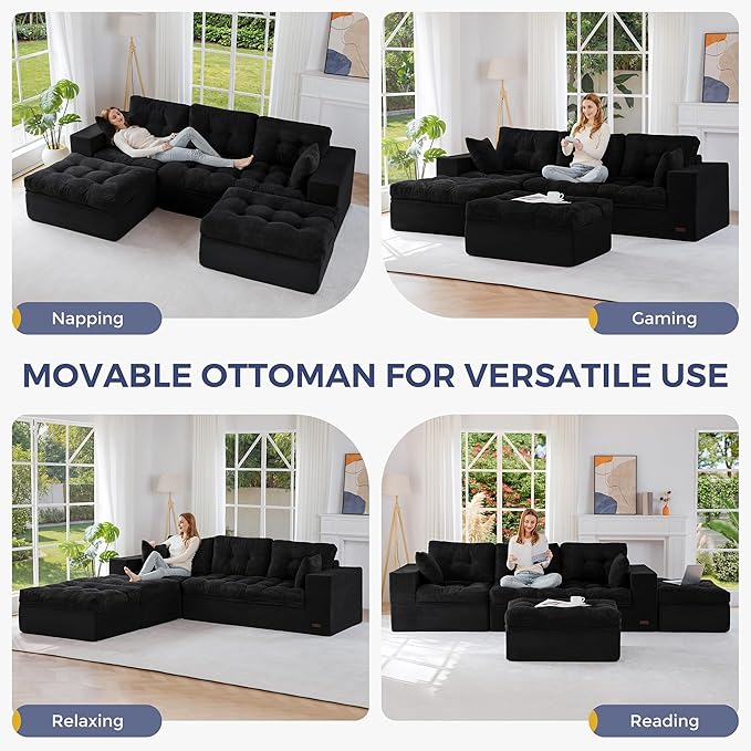 MAXYOYO 104" U Shaped Modular Sectional Sofa with 2 Ottomans, Cloud Boneless Couch with Layered Cushion, Flexible Module Combination Sofa for Living Room, No Assembly Required, Black