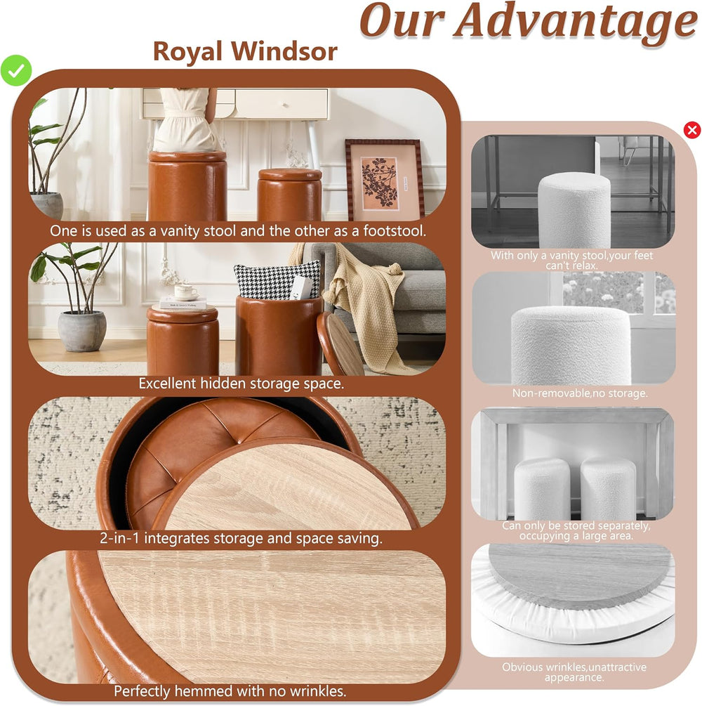 Royal Windsor Round Ottoman with Storage Set of 2, Faux Leather Button Tufted...