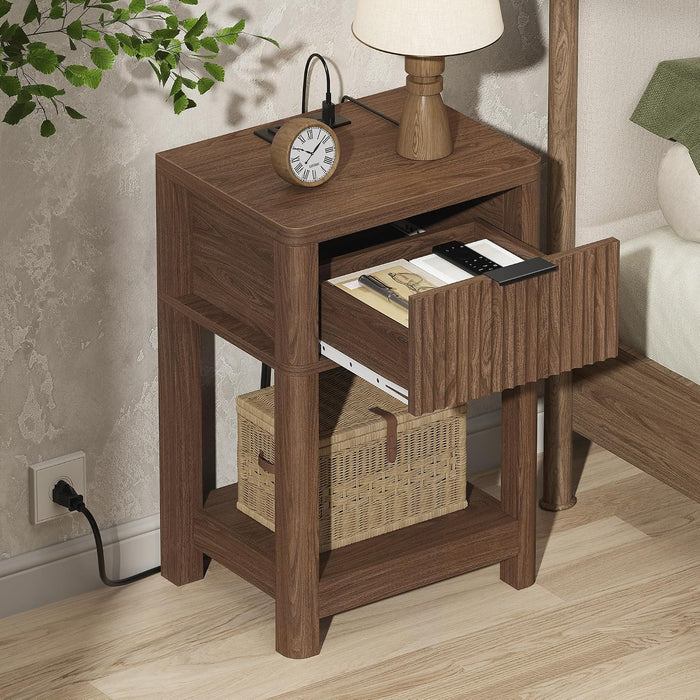 MECHYIN Nightstand Set of 2 with Charging Station, Fluted Bedside Table with Drawer & Open Shelf, Mid-Century Modern Wood Furniture End Table for Apartment, Dorm, Bedroom, (Walnut, with Outlet)
