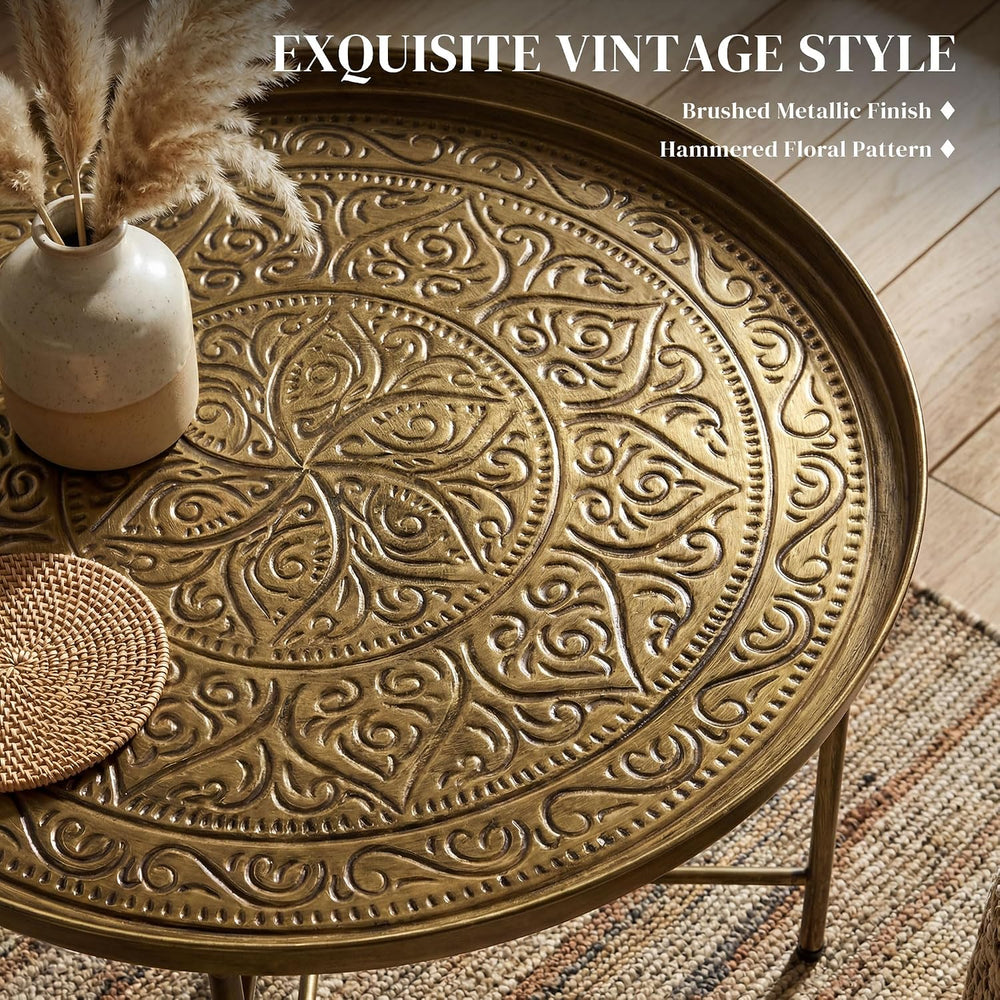 24-Inch Round Coffee Table with Hammered Tray Top and Metal Frame, Gold | Ham...