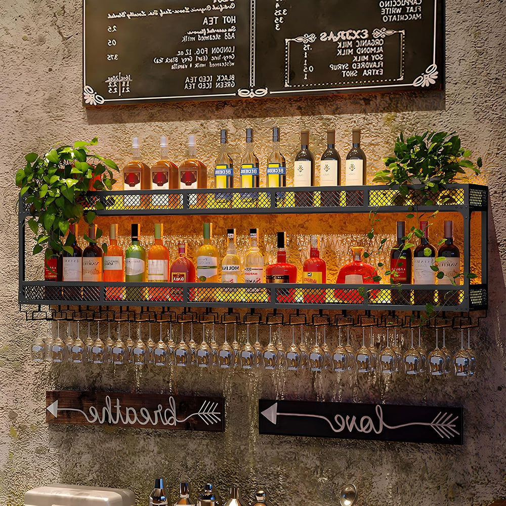 Wall Mounted Wine Bottle Rack with LED Light, Industrial Metal Liquor Shelf w...