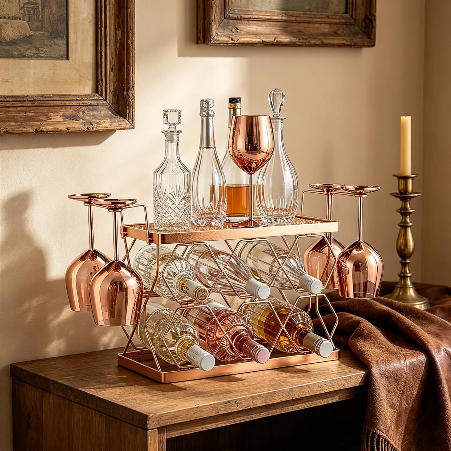 Countertop Wine Rack Organizer - Holds 6 Oversized Bottles & 4 Glasses | Freestanding Small Metal Bottle Holder, Perfect for Home Décor, Kitchen Storage and Cabinet | No Assembly
