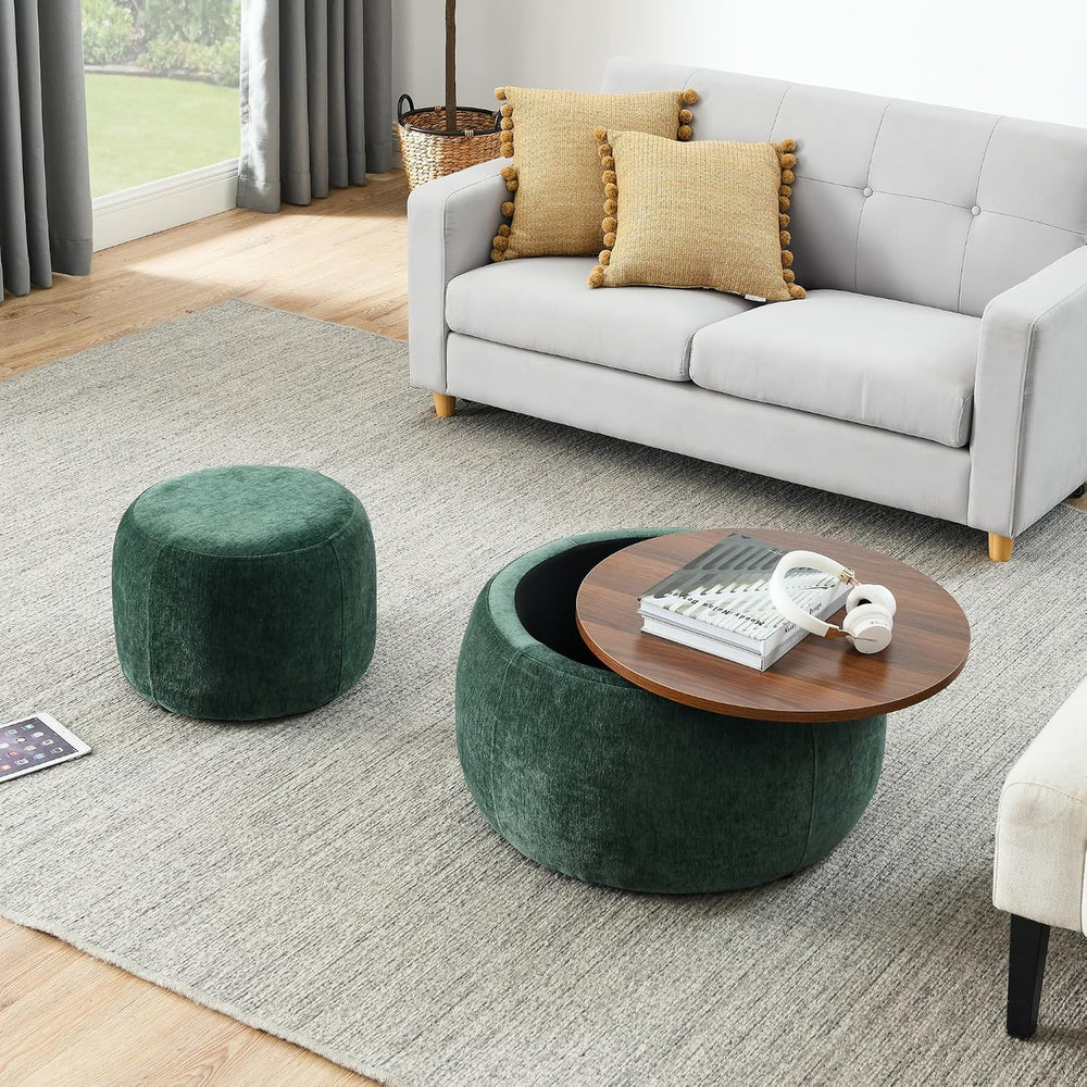 2Pcs Round Storage Ottoman, 2 in 1 Function, Work as End Table and Ottoman，Ch...