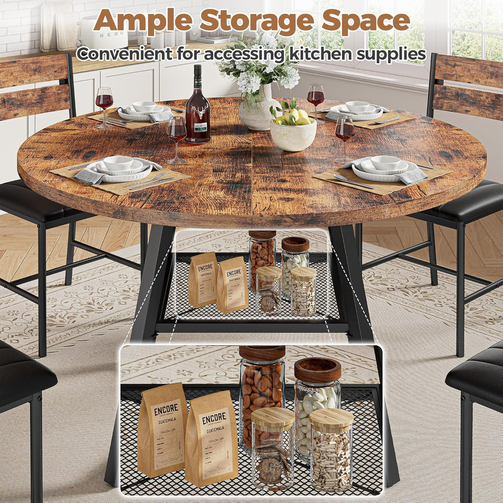 IRONCK 47.2" Round Dining Table for 4, Industrial Kitchen Table with Large Storage Shelf, Space Saving Wood Circle Dinner Table for Kitchen & Dining Room, Vintage