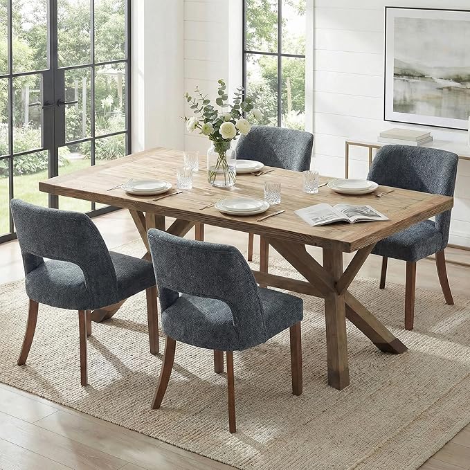 keoni Wooden Dining Chairs Set of 6, Mid Century Modern Upholstered Dining Room Chairs with Rubberwood Legs, Fabric Farmhouse Kitchen Chairs with Foot Pegs for Dining Room, Navy Blue