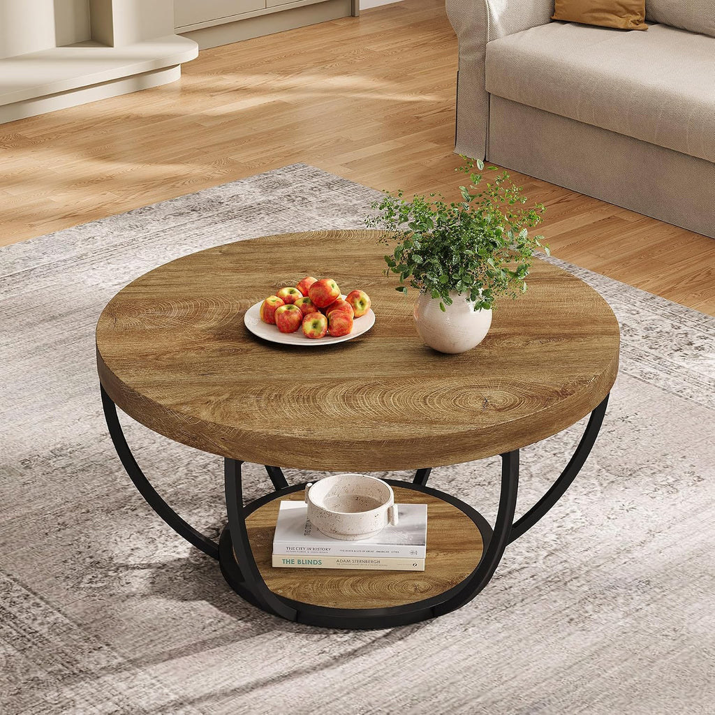 Tribesigns Round Coffee Table, 31.7" Wooden 2-Tier Circle Coffee Table with Storage Shelves, Modern Accent Cocktail Table Center Table for Living Room, Natural Wood Brown
