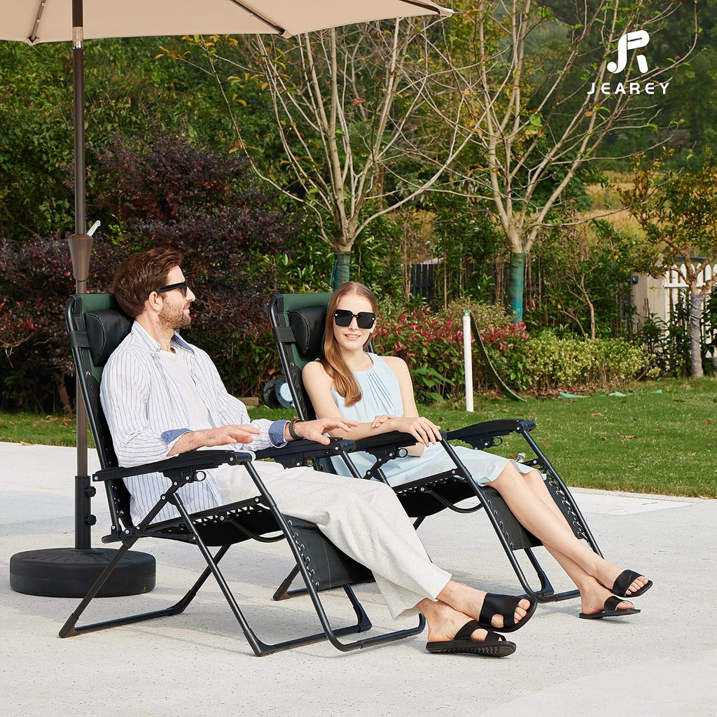 JEAREY Oversized Padded Zero Gravity Chairs, Folding Lounge Chair Outdoor Patio Recliner, Anti Gravity Chair for Backyard with Headrest, Cup Holder, Side Tray, Polyester Mesh - Black/Dark Green