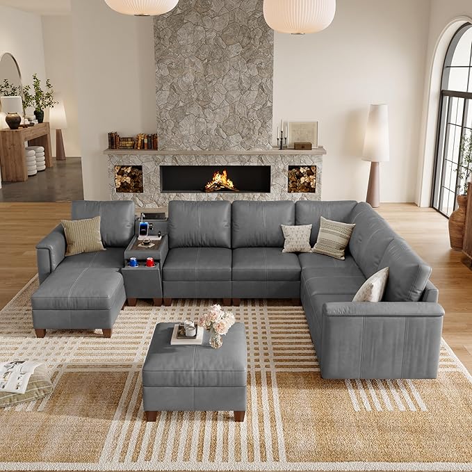 SITJOY 132" Faux Leather Modular Sectional Sofa with Storage, Mid Century Modern Sectional Couches for Living Room, 8 Seat V Shaped Couch with Ottoman and Console Table, Hidden Cupholders, Gray