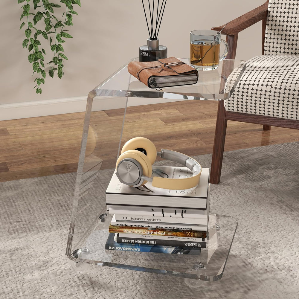 C Shaped Side Table for Sofa, Heavy Clear Acrylic Mobile End Table on Wheels,...