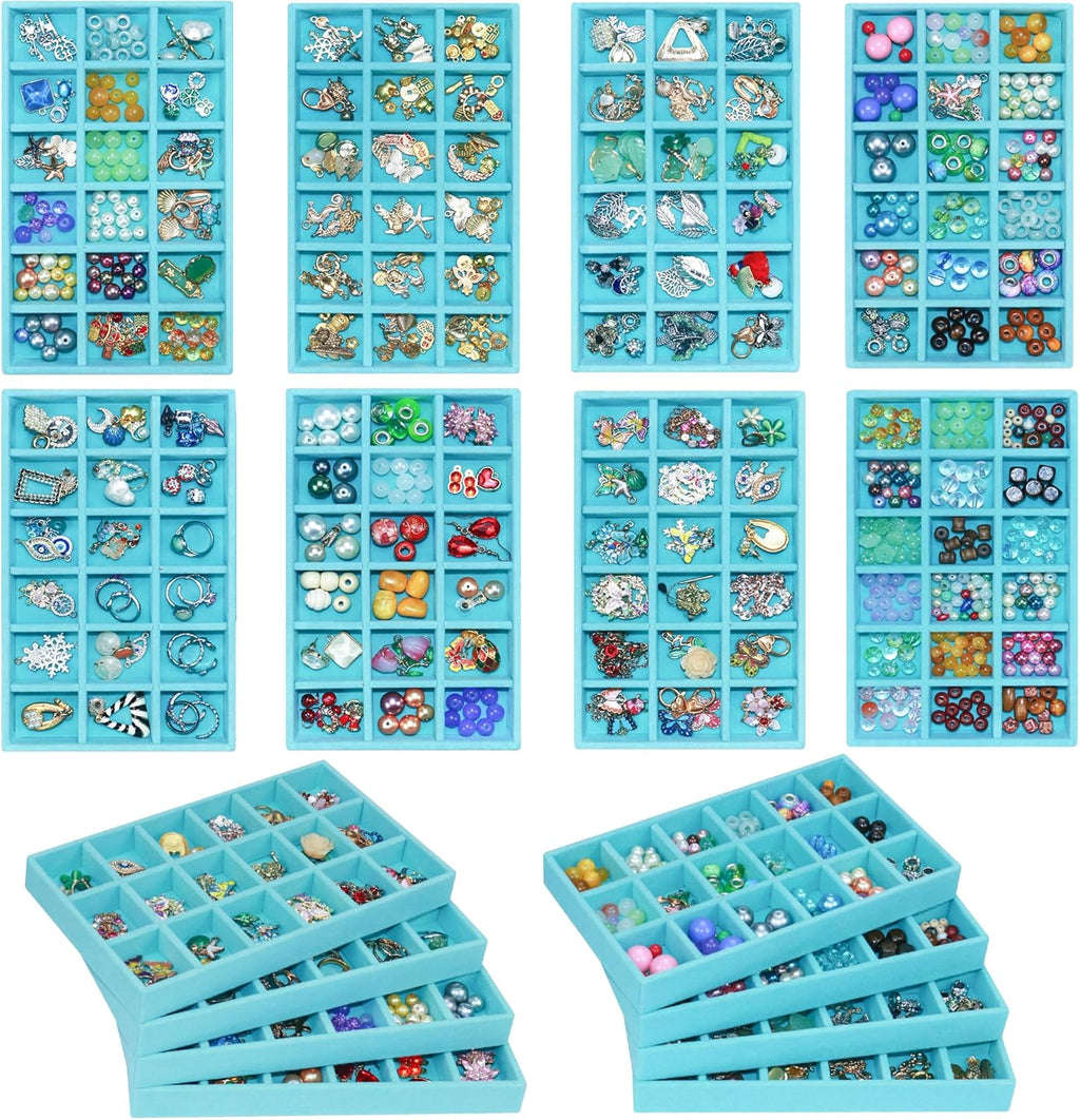 12 Pack Stackable Velvet Jewelry Organizer Trays for Drawers Earring Organizer Inserts Necklace Storage Ring Bracelet Display Case, 216 Grids, Blue