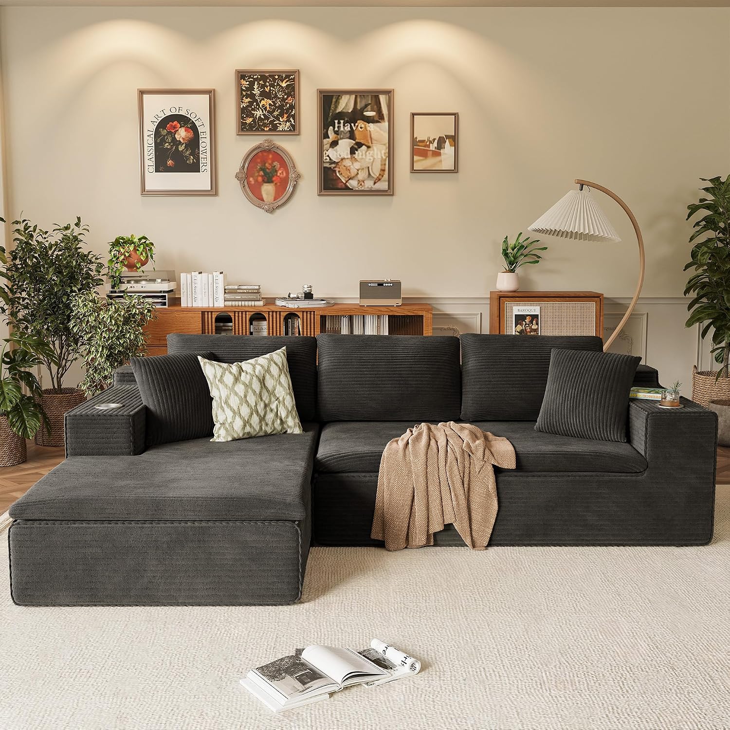 Homall 109" Boneless Couch with Memory Foam, Modular Sectional Sofa with L-Shape Chaise, Cloud Couch with Deep Seat, Dual Cup Holders & Side Pockets, No Assembly Required (Black)
