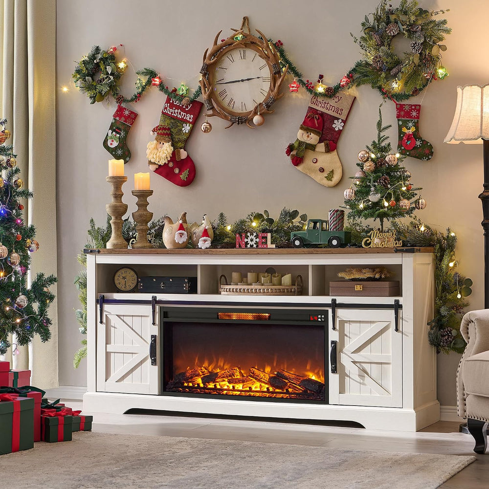 OKD 70" Farmhouse Fireplace TV Stand, Antique White | For up to 80"...