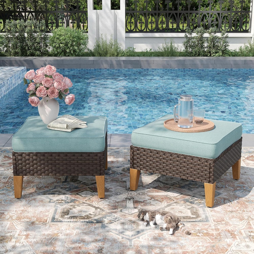 PHI VILLA 2 Pieces Patio Ottoman, All Weather Rattan Wicker Ottoman Seat, Out...