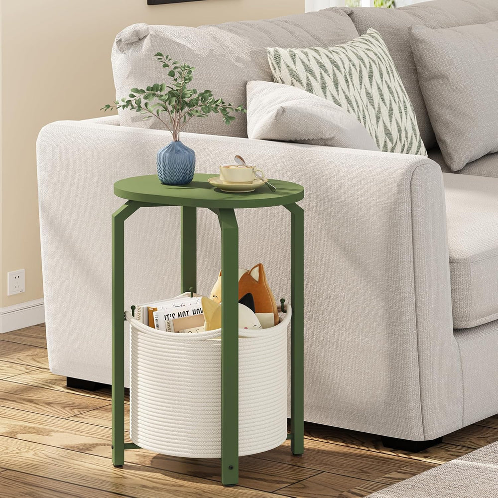 TUTOTAK Oval End Table with Woven Storage Basket, Olive Green Small Side Tabl...