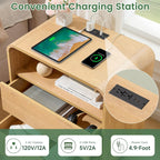 Curved Night Stand Set of 2, 23.2" Large Wood Farmhouse Nightstand with Charging Station & 2 Storage Drawers Bedside Table, Modern End Table for Bedroom, Living Room, Natural