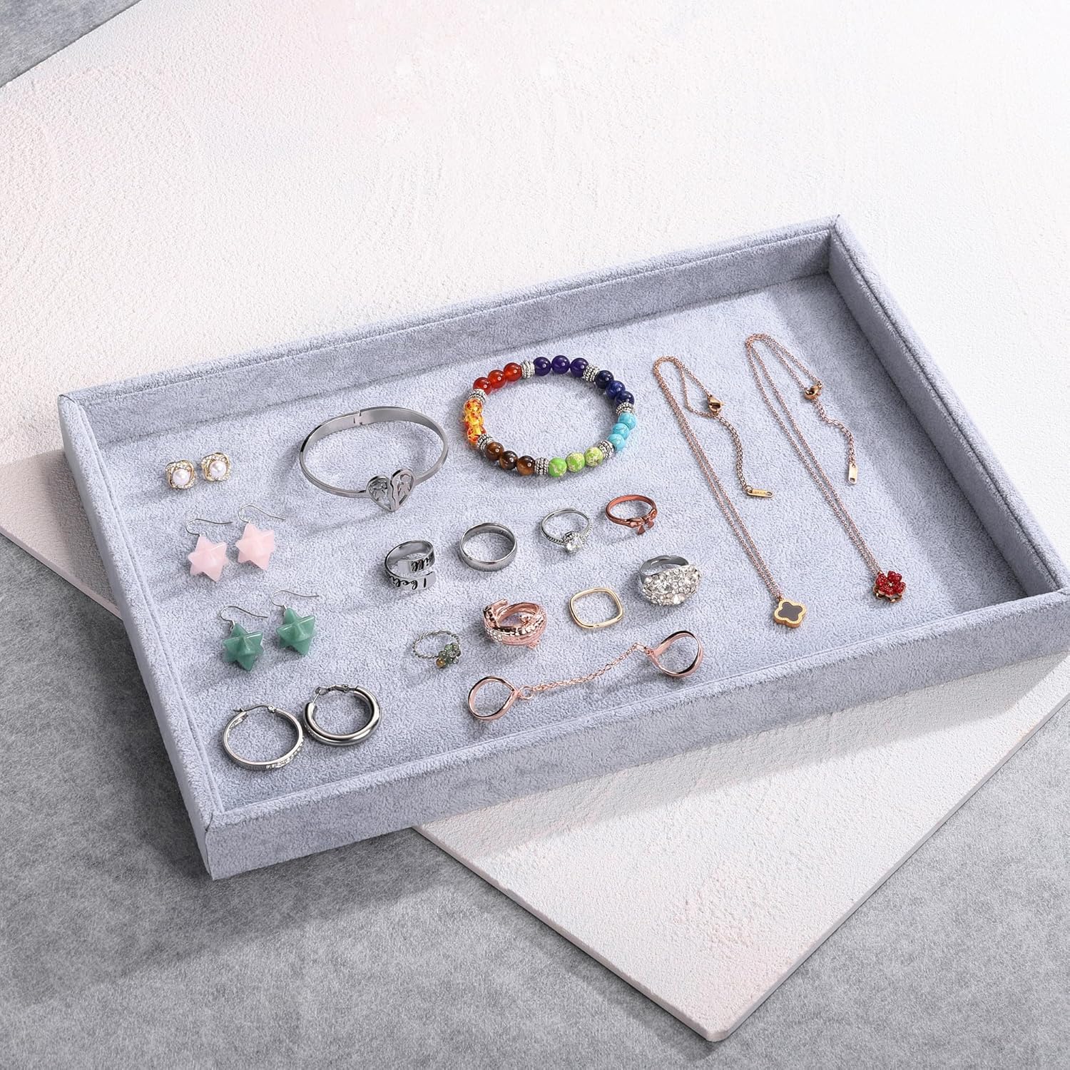 Mornajina 13.8" x 9.5" Velvet Jewelry Tray Jewelry Display Tray, Stackable Empty Plate Trays for Earrings Necklaces Bracelet Rings Display Showcase - Grey