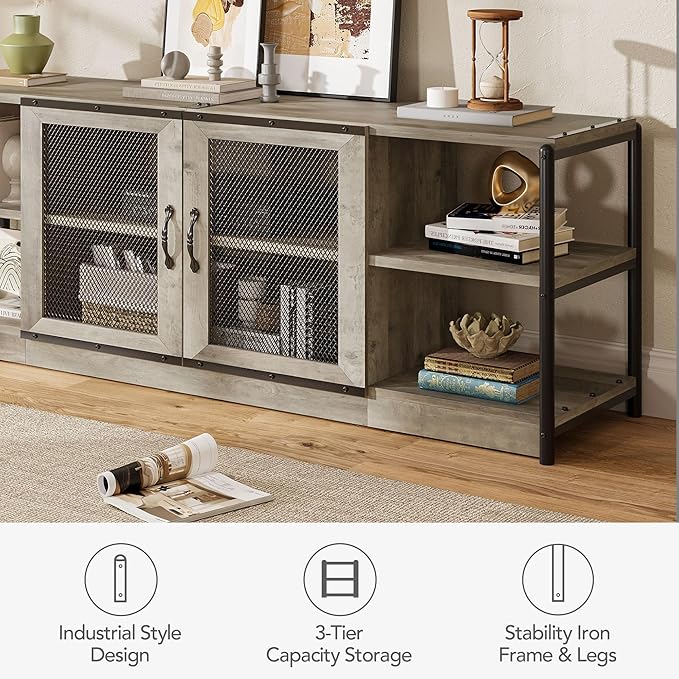 IDEALHOUSE Farmhouse TV Stand for 75/80 inches TVs, Entertainment Center with Storage Cabinet, Industrial Media Console Cabinet Table, Living Room Media Furniture, Grey