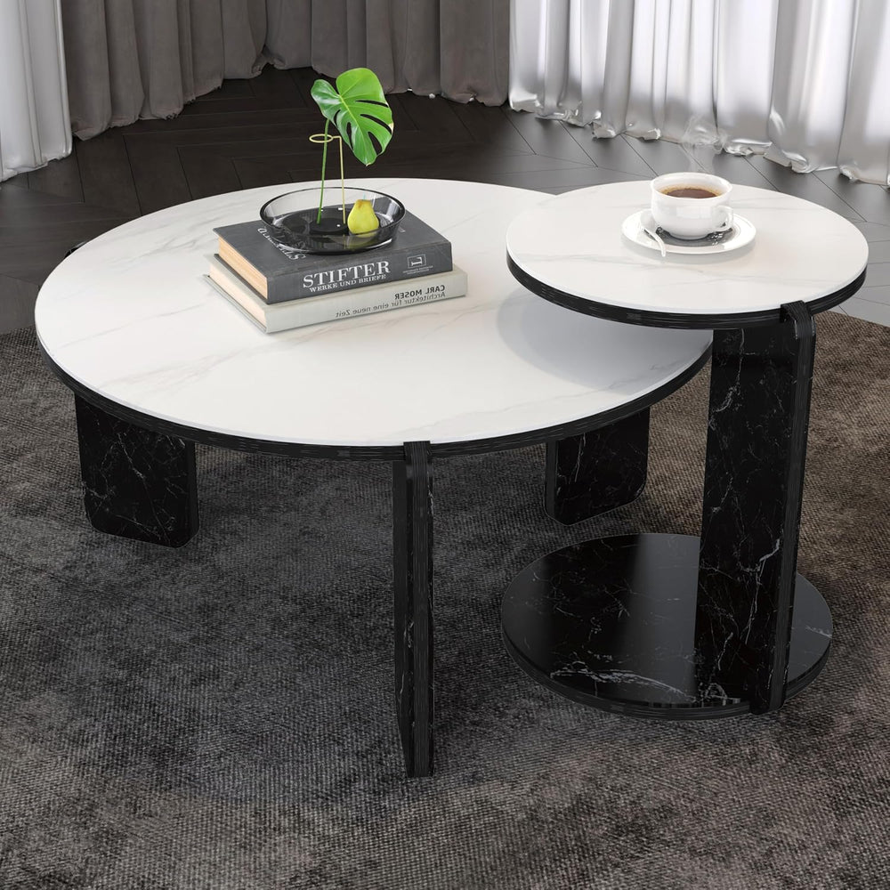 Nesting Tables for Living Room, White Sintered Stone Set | Faux marble coffee...