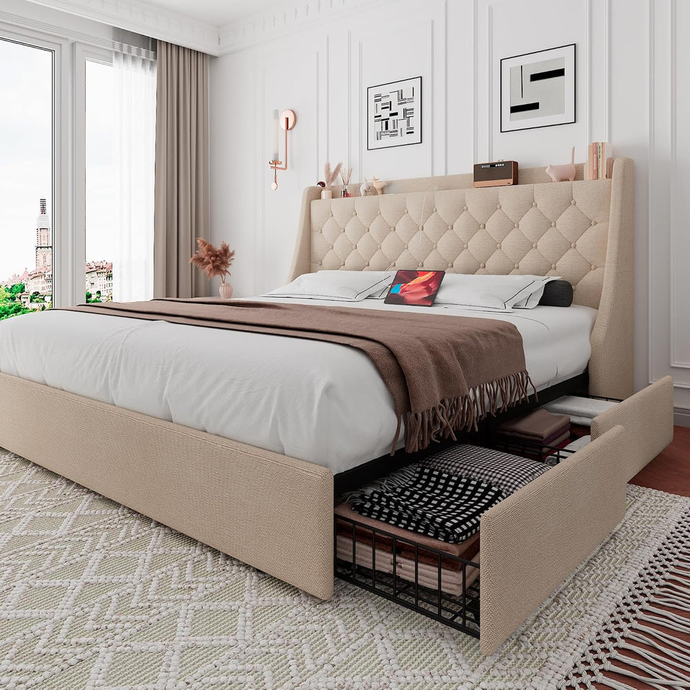 iPormis King Bed Frame with 4 Storage Drawers, Upholstered Platform Bed Frame...