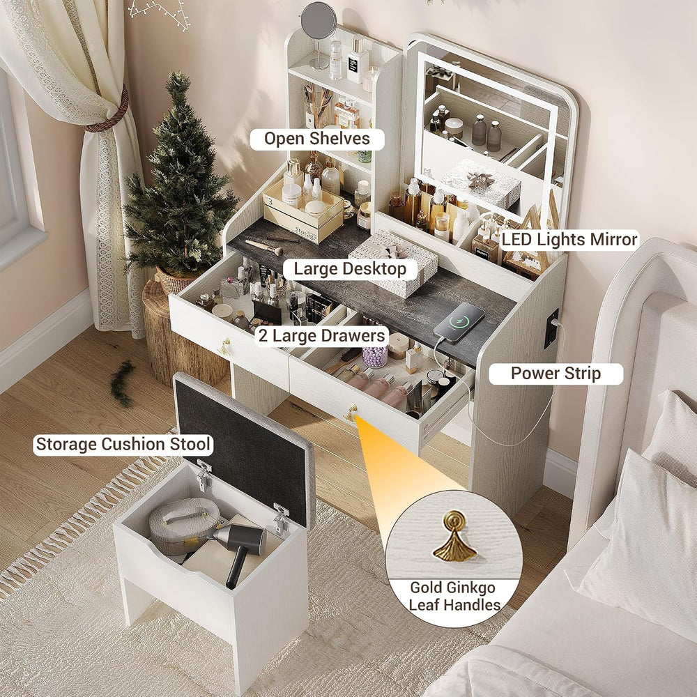 GarveeHome Vanity Desk with LED Light Mirror and Charging Station, Small Make...