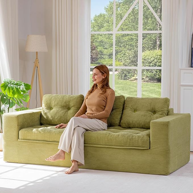MAXYOYO 79" Loveseat Sofa Couch for Small Spaces, Upholstered Boneless Cloud Couch for Apartment Bedroom, 2-Seater Love Seat Floor Modern Sofa with Pillows, No Assembly Required, Green
