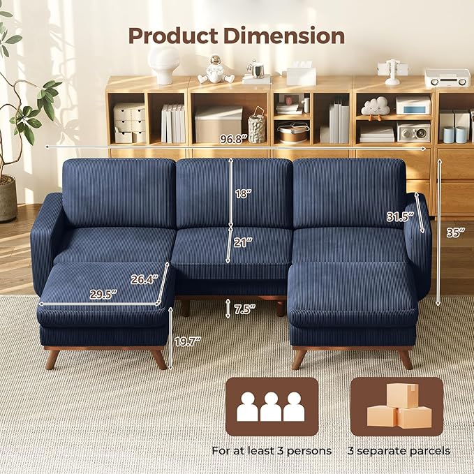 Vesgantti 97" Modular Sectional Sofa Dark Blue, U-Shaped Couch with Movable Ottoman, Comfy Corduroy Couch with Spring Cushion, Modular Sofa with Deep Seat for Living Room, Bedroom and Apartment