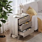 Night Stand Set 2, Bedside Table & End Table, Mid Century Modern Fluted Wood Nightstand with 3 Drawers & Metal Handles, Farmhouse Nightstand for Bedroom, Grey