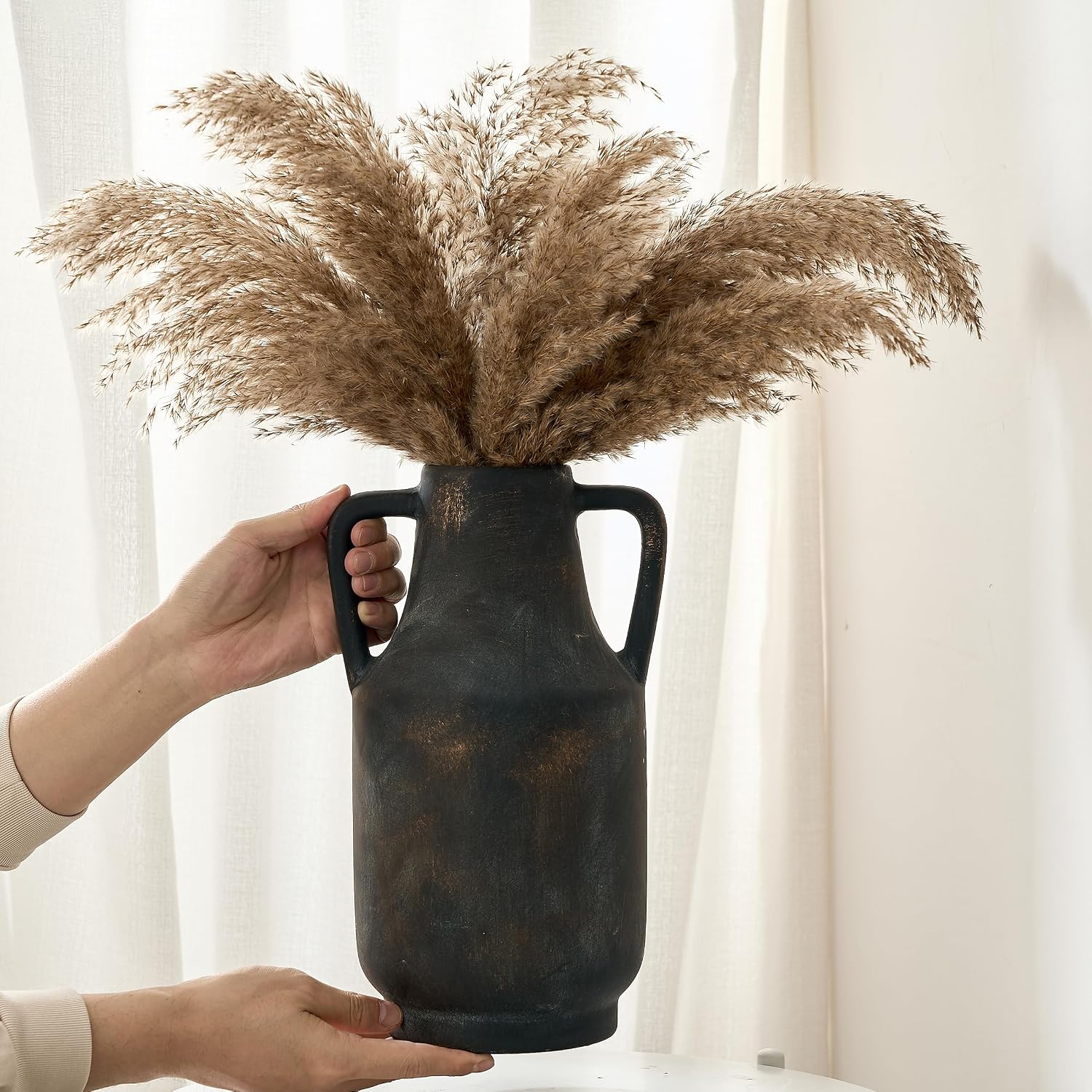 SIDUCAL Ceramic Rustic Flower Vase with Handles | 12 inch Tall Vase for Farmhouse Home Table Centerpieces, Large Decorative Terracotta Vases for Home Decor, Living Room,Shelf Decor, Black Bronze
