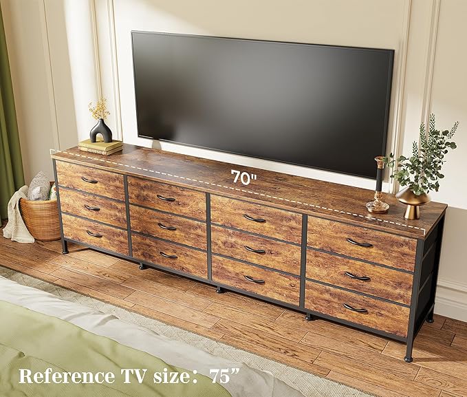 Huuger 70 Inch Dresser for Bedroom, TV Stand for 65, 75, 80 Inch TV, 12 Fabric Drawer Long Dresser, Large Entertainment Center for Bedroom, Wide Chest