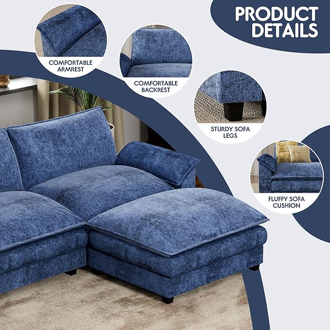 Homall 80" Modular Sectional Sofa, Loveseat Sofa Couch with Double-Layer Cushion, DIY Combination Chenille Deep 2-Seat Cloud Couch for Living Room (Dark Blue, U Shaped Sofa)
