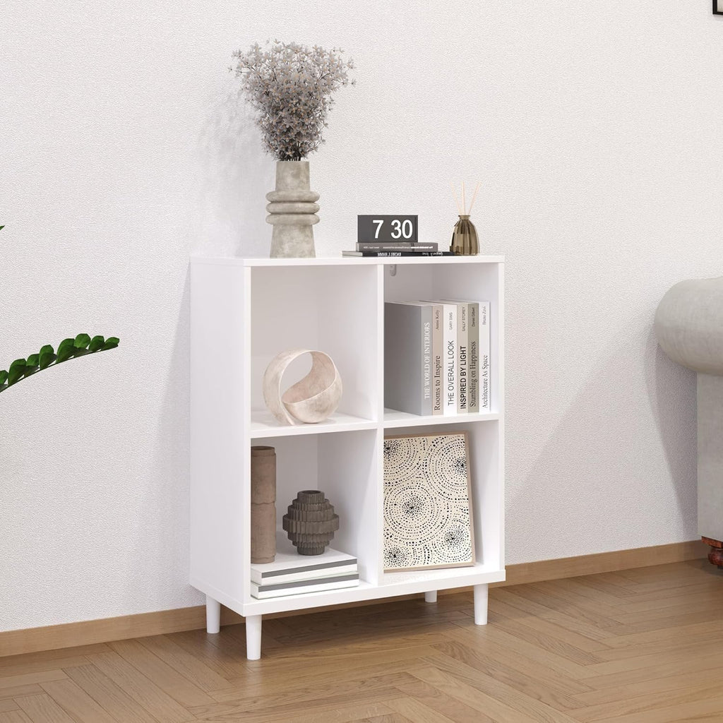 Wood Cube Storage Organizer White Bookshelf - 2-Tier Freestanding Storage Cabinet with Legs for Home Office, 4-Cubes Open Shelf