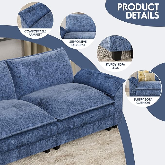 Homall 159" Modular Sectional Sofa, Linear Sofa Couch with Double-Layer Cushion, DIY Combination Chenille Deep 4-Seat Cloud Couch for Living Room, Apartment (Dark Blue, Linear Sofa)
