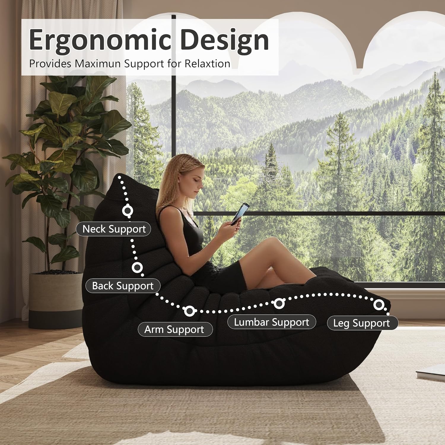 Giant Bean Bag Chair for Adults,Comfy Lazy Fireside Accent Chair with Memory Foam,Cozy Single Floor Sofa Couch Boneless Chaise Lounge for Living Room Bedroom Gaming Room(Black,1Seater)