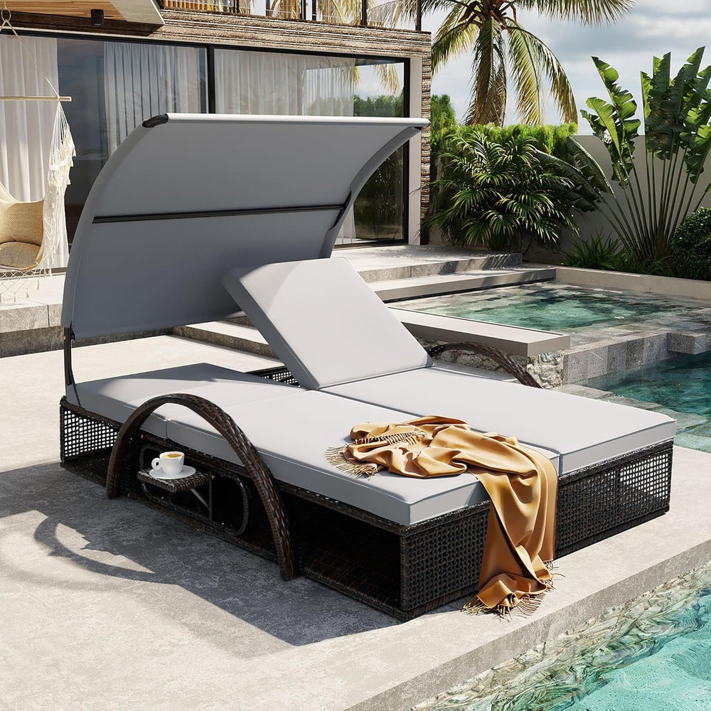 Outdoor Sun Lounger with Adjustable Backrest,Canopy, Patio Double Sunbed with...