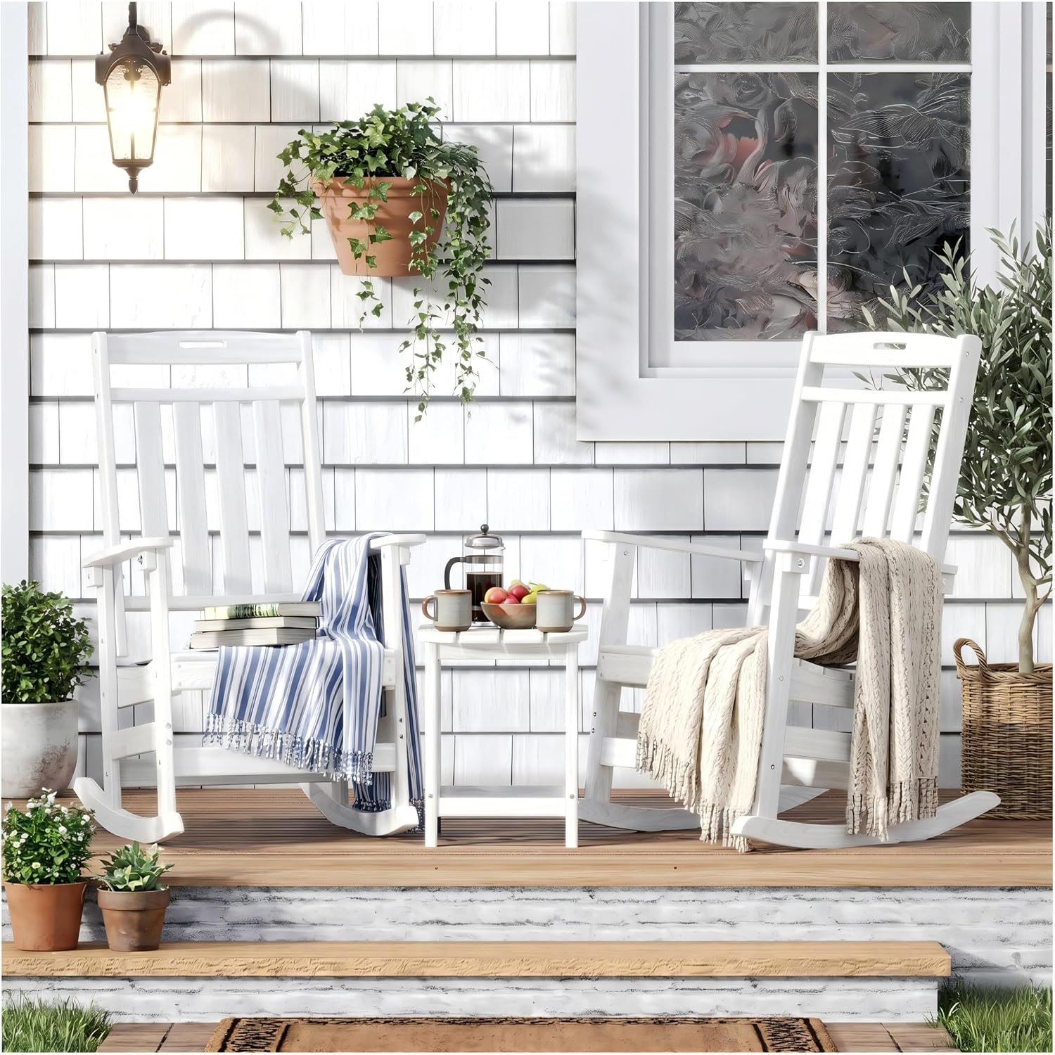 Outdoor Rocking Chair Oversized of 2 & Side Table Set, HDPE All Weather Resistant Patio Rocker, 31.5" High Back 21.5" Deep Seat Porch Chairs Set for Lawn Garden Deck Balcony 400lbs Capacity(White)