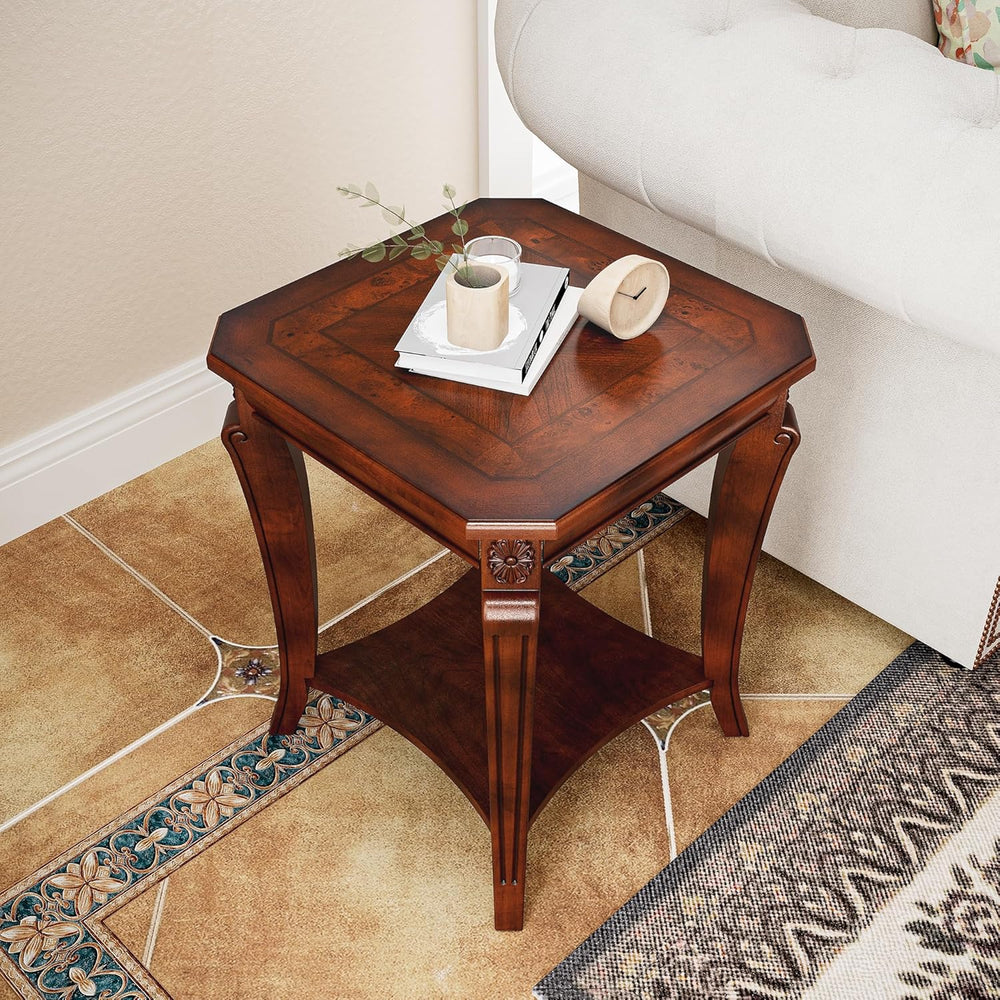 LEEMTORIG Solid Wood End Table for Living Room, 2-Tier Square Cherry Wood Nig...