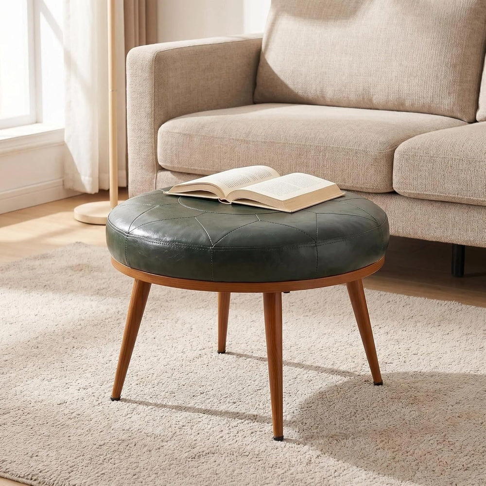 Green Round Ottoman Coffee Table, 24-Inch Faux Leather Cushioned Footstool wi...