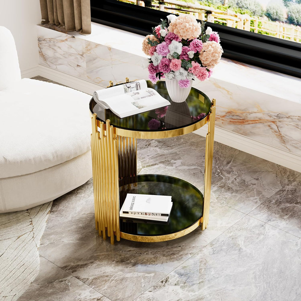 19.8" Round End Table with Gold Finish & Lower Shelf, Modern Black M...