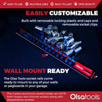 Olsa Tools 3-Pc Set Aluminum Socket Organizer | Locking End Caps | 1/4-Inch, 3/8-Inch, 1/2-Inch Drive Socket Holders with 24, 18, 16 Clips Each (Red)