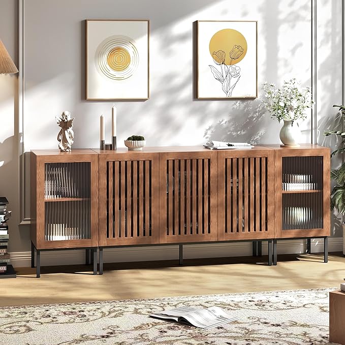Modern TV Stand for TVs up to 85 Inch, Entertainment Center TV Console with Storage Cabinets and Glass Doors, Media Console for Living Room, Brown
