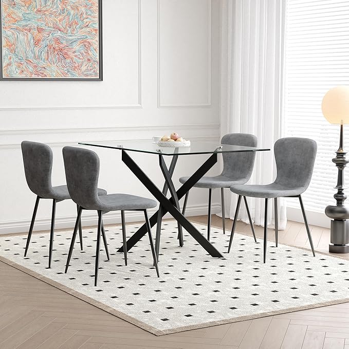 5 Piece Dining Table Table Set, Tempered Glass Dining Table Set for 4 Kitchen Table Set with 4 Chairs for Kitchen Dining Room (Black Table with Grey Chair)