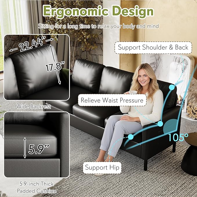 STHOUYN 72" W Faux Leather Black Sofa 3 Seat Couch, Modern Comfy Couch with 2 USB, Small Couches for Living Room Apartment Bedroom Small Spaces, Office(Black (Sofa))