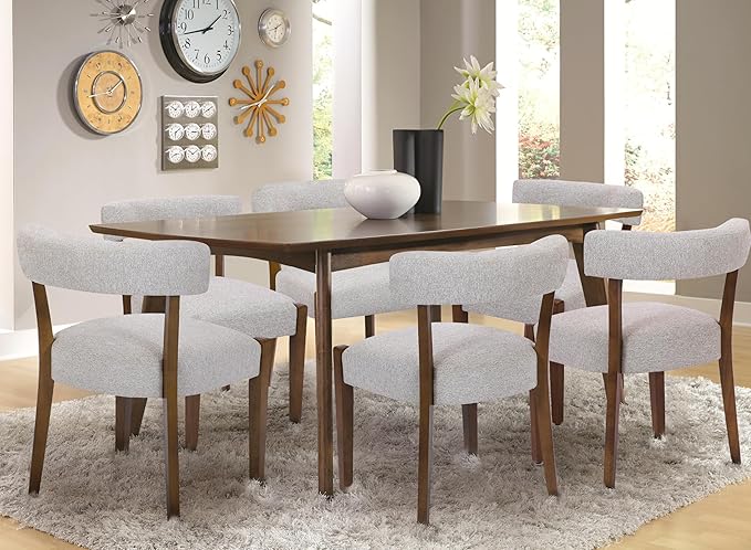 Modern Dining Chairs Set of 6, Walnut Upholstered Kitchen & Dining Room Chairs, Mid Century Modern Wooden Dining Chairs Oversized Sturdy Rounded Chairs Curved Back, Beige Fabric