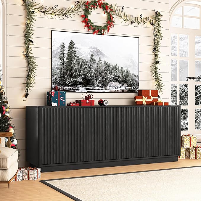 63'' Fluted TV Stand for TVs up to 75'', Modern Long Media Console with Storage Cabinets & Adjustable Shelves,Entertainment Center for Living Room Bedroom (Black)