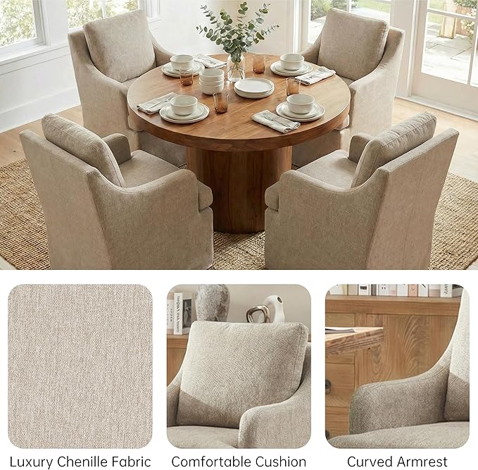 VKNOW Upholstered Dining Chairs Set of 4, Modern Kitchen Chairs Dinner Chairs with 4 Casters, Chenille Armchair for Bedroom Reading Room Living Room, Brown