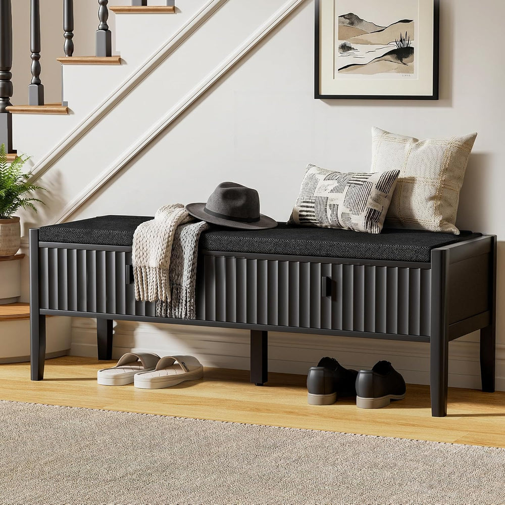 Furniway Black Fluted Shoe Bench with 2 Drawers, Entryway Storage Bench with ...