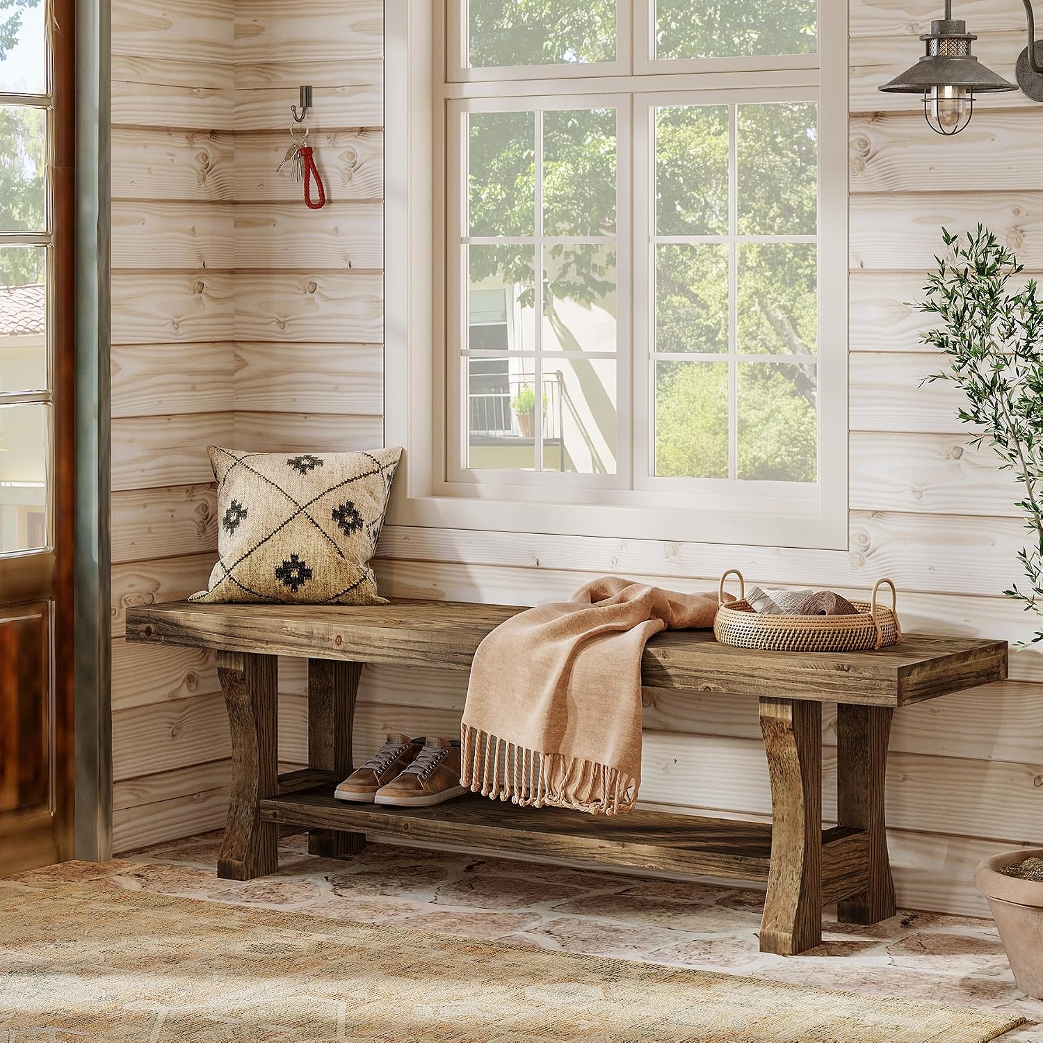 Solid Wood Storage Bench, Farmhouse Entryway Bench, Long Indoor Dining Seat for Hallway, Bedroom, Living Room, Dining Room, Easy Assembly, Dark Brown