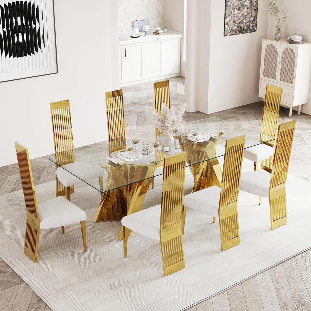 White and Gold Dining Chairs Set of 2, Upholstered Boucle Dining Room Chairs ...