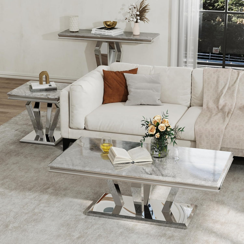 ACEDÉCOR 2 Piece Coffee Table Set with End Table, Modern White and Silver Liv...