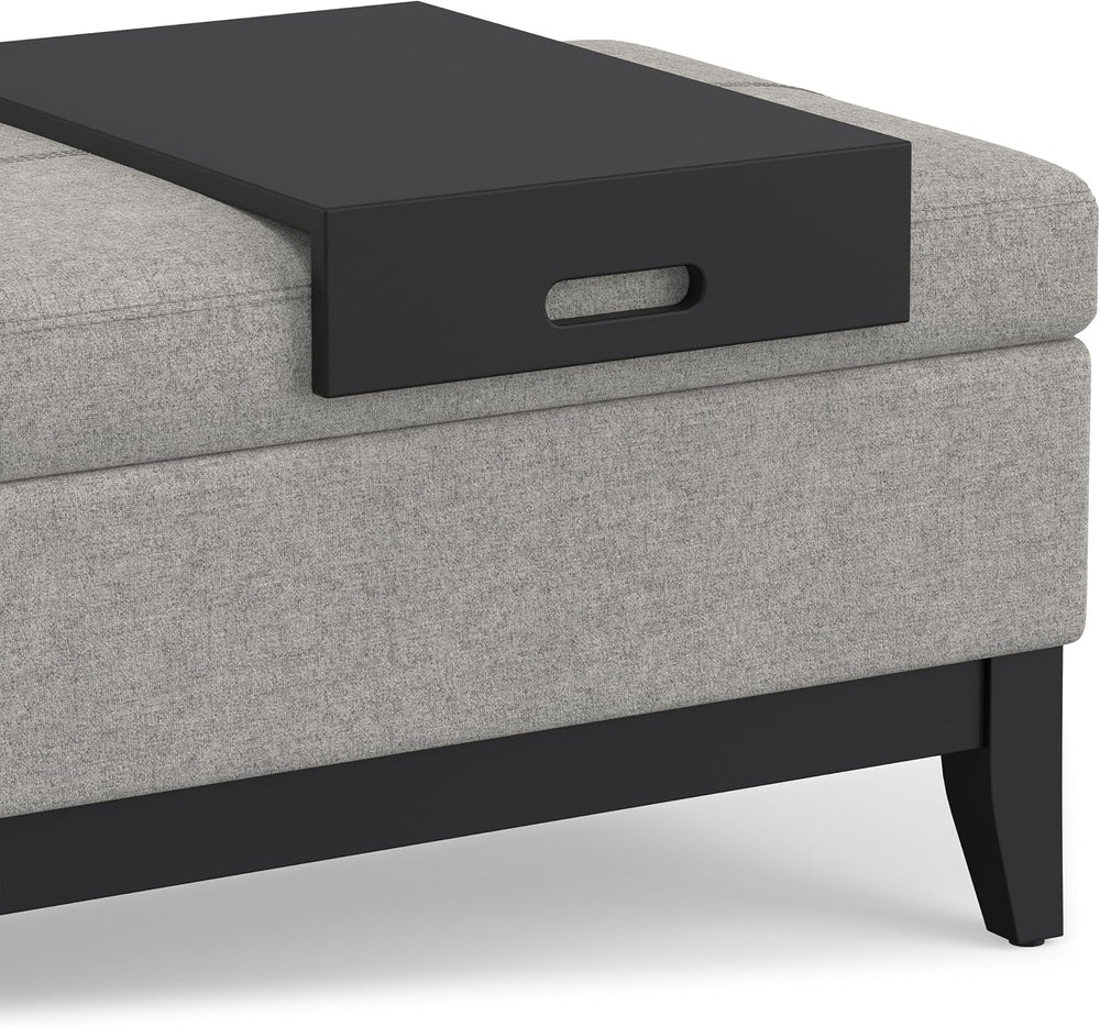 SIMPLIHOME Oregon 42" Wide Linen Look Fabric Storage Ottoman in Cloud Grey
